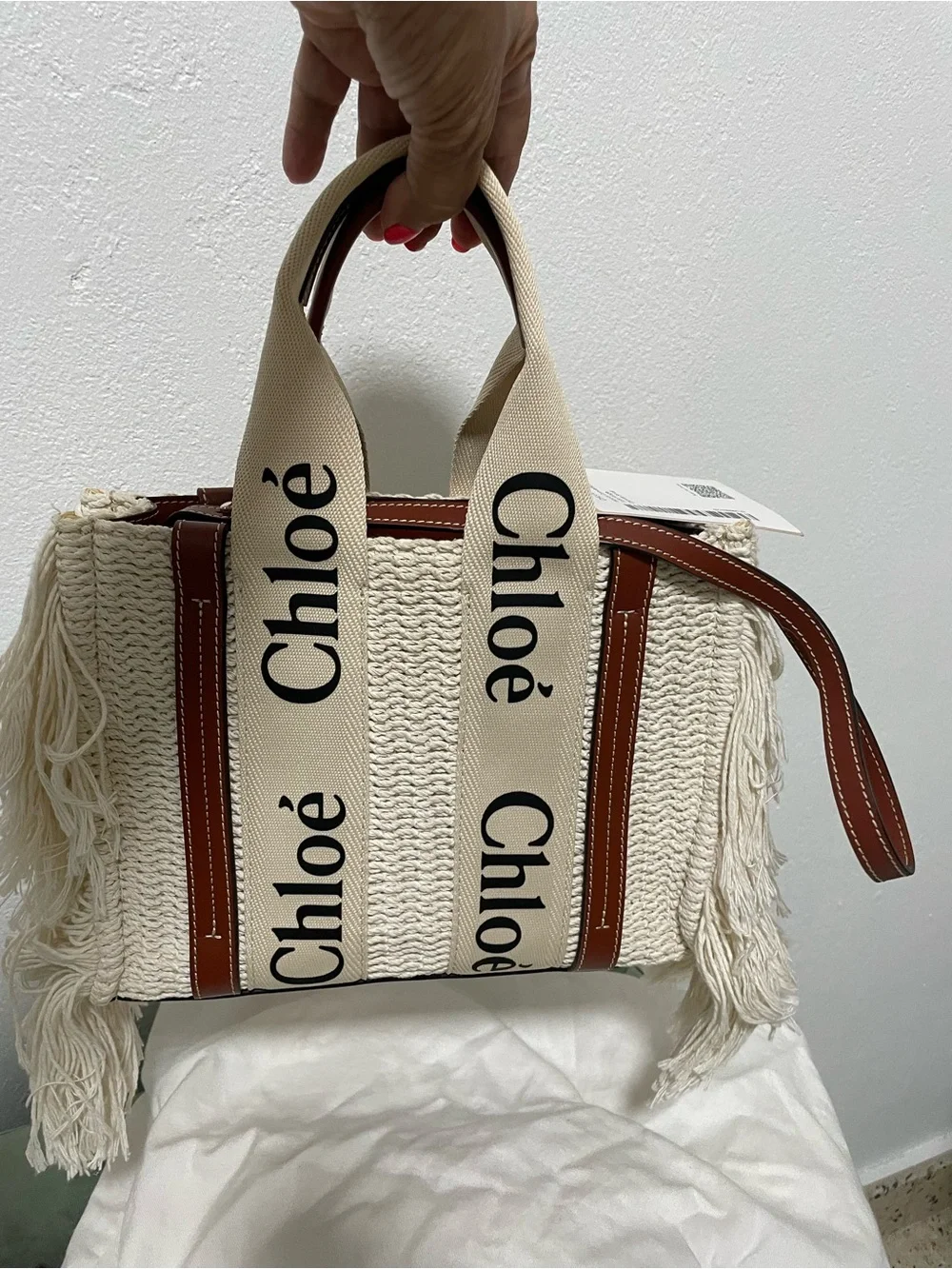 Chloé Natural crochet Tote with Branded Canvas Straps and Brown Leather Trim